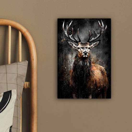 Tableau toile 20x30 cm - Cerf noir - Accessoires décoration chambre - Peintures salon tête de cerf - Décoration murale tête d'animal chambre - Décoration murale cuisine - Toile murale intérieur - Décoration maison