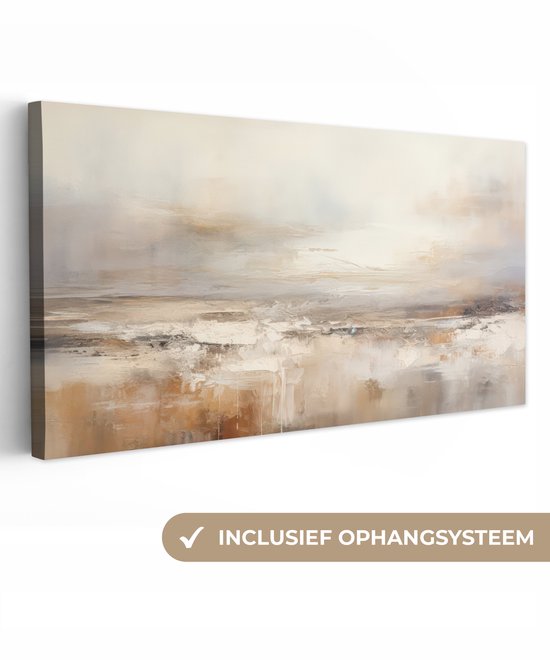 Abstract doek met beige, bruine en grijze tinten. Bevestigingssysteem inbegrepen.