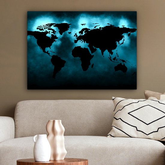 Wereldkaart Toile - 80x60 - Décoration murale Wereldkaart - Zwart - Blauw