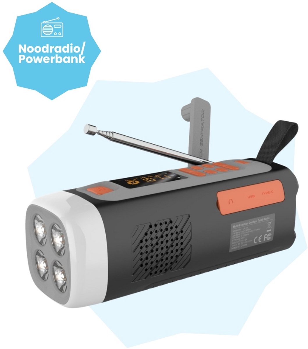 Lunso Noodradio met solar - Bluetooth speaker - Zaklamp en dynamo-oplaadfunctie - 4500mAh
