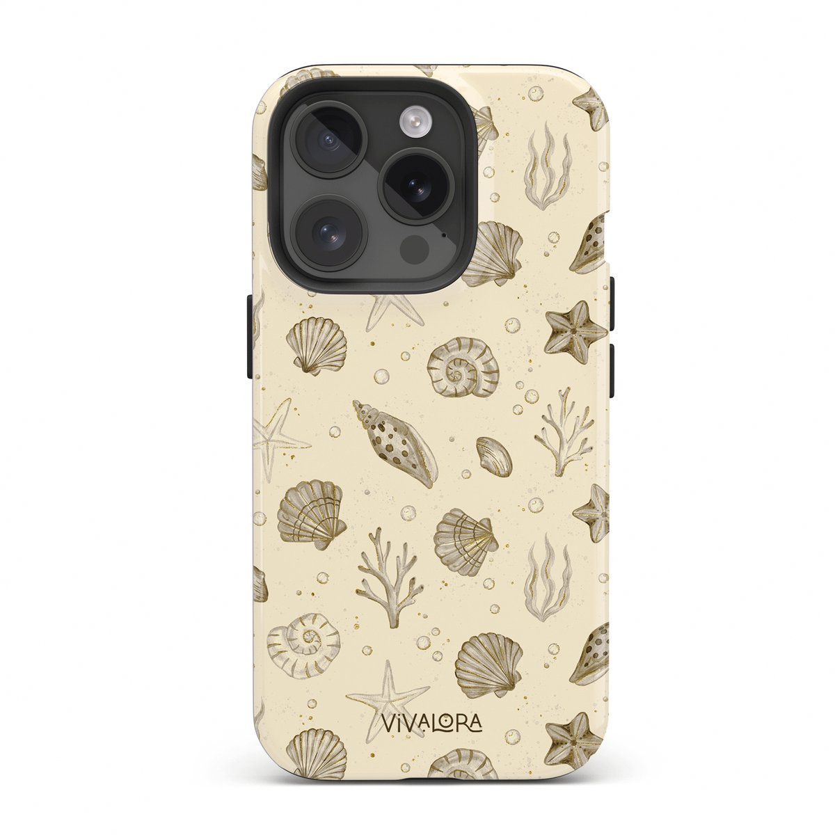 VivaLora Tough Telefoonhoesje iPhone 13 Pro met MagSafe - Ocean Bliss Print - 2-in-1 Phone Case - Hard Case & Siliconen Back - Extra Bescherming - Shockproof - Schelpjes, Zeesterren, Zee Thema - Beige/Ecru/Bruin