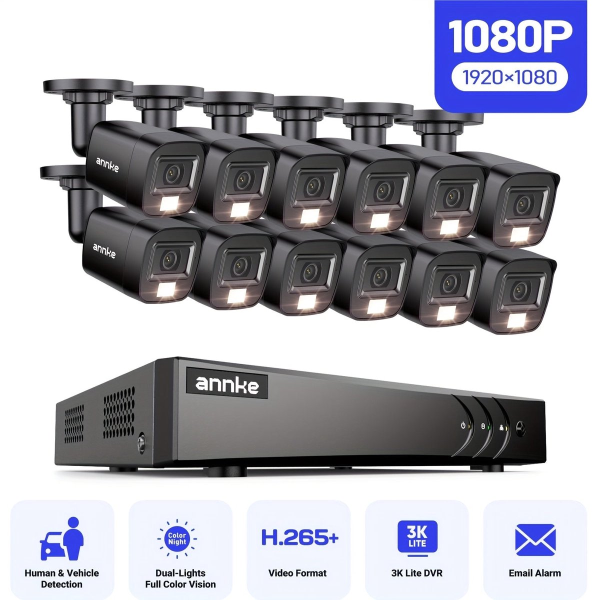 Beveiligingscamera Set – Camerabewaking – Bewakingscamera – CCTV Systeem – Beveiligingscamera Binnen & Buiten – 16-kanaals DVR Recorder – AI Mens en Voertuig Detectie