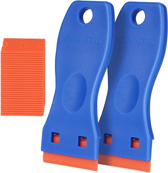 Set de 2 grattoirs en plastique avec 30 lames - Pour plaques vitrocéramiques et films pour vitres - Enlève en toute sécurité les autocollants et les résidus de colle - Nettoyage sans rayures sur verre et métal (bleu)