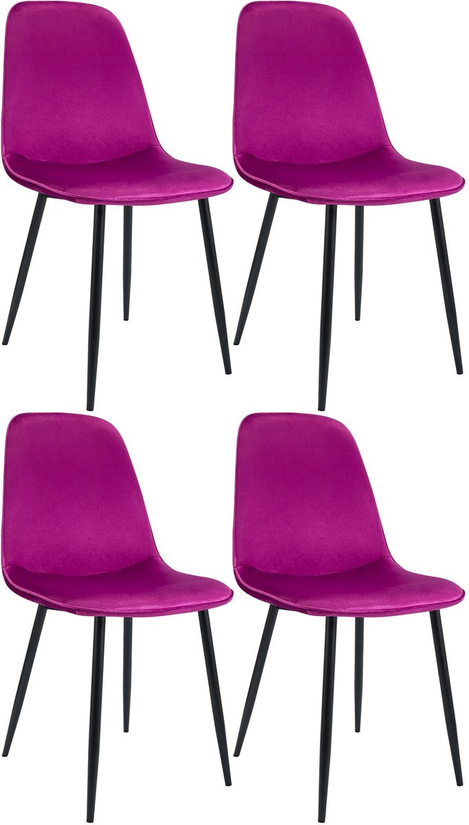 CLP Maryam Set van 4 eetkamerstoelen - klassiek - met rugleuning - zwart metalen frame - belastbaar tot 150 kg - Fluweel/purper