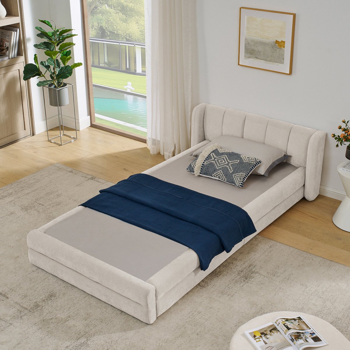 KOMHTOM BLACKCOLORS Eenpersoonsbed 90*200 cm, huidvriendelijke chenille stof, comfortabele rugleuning, ook geschikt als kinderbed, beige (zonder matras)