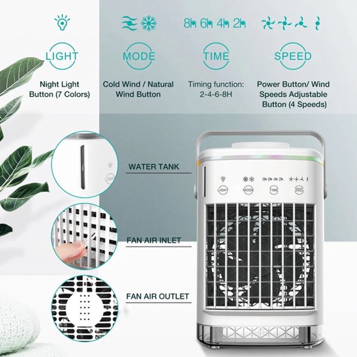 Mobiele airco zonder afvoerslang - 3-in-1 - Ventilator - Voor Slaapkamer & Woonkamer - 4 Snelheden - Airconditioning - Draagbare Aircooler - LED Verlichting thumbnail 5