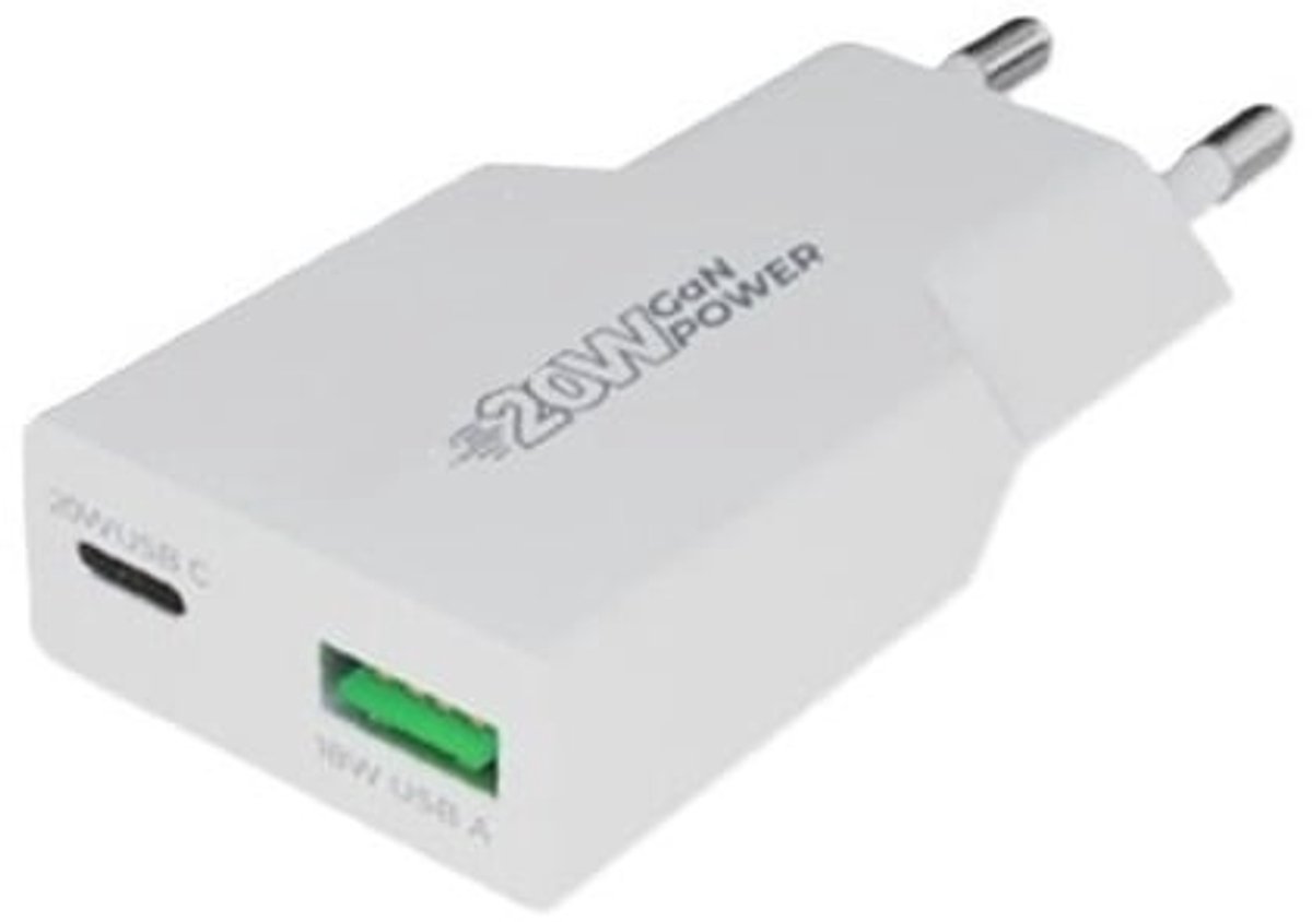 OneOne 20W snellader met 2 poorten. USB C en USB A. Platte GAN Quick Charge lader. PD PPS oplader adapter past op Samsung Galaxy M21, M30, M40, M54, M55s, M05, F42, M10s, M11, Z, M06, M42, M20, M31s, M32, M32, F05