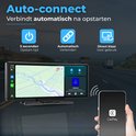 Auto-connect: smartphone met CarPlay logo verbindt met het navigatiesysteem op de voorruit.