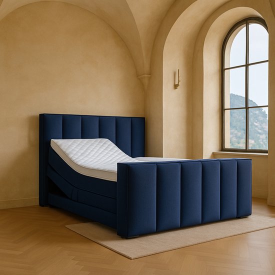 Boxspring Amalfi Elektrische verstelbaar met Luxe Pocketvering Stof 160x200 cm donkerblauw Gratis 2x Hoofdkussens