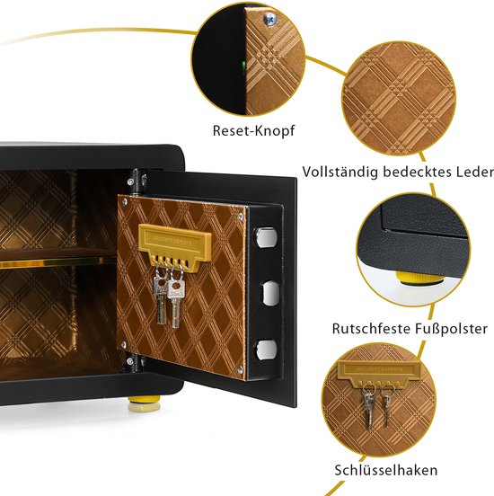 Close-up van een zwarte kluis met gouden ruitleren bekleding, sleutelhaakjes en anti-slip voetjes.