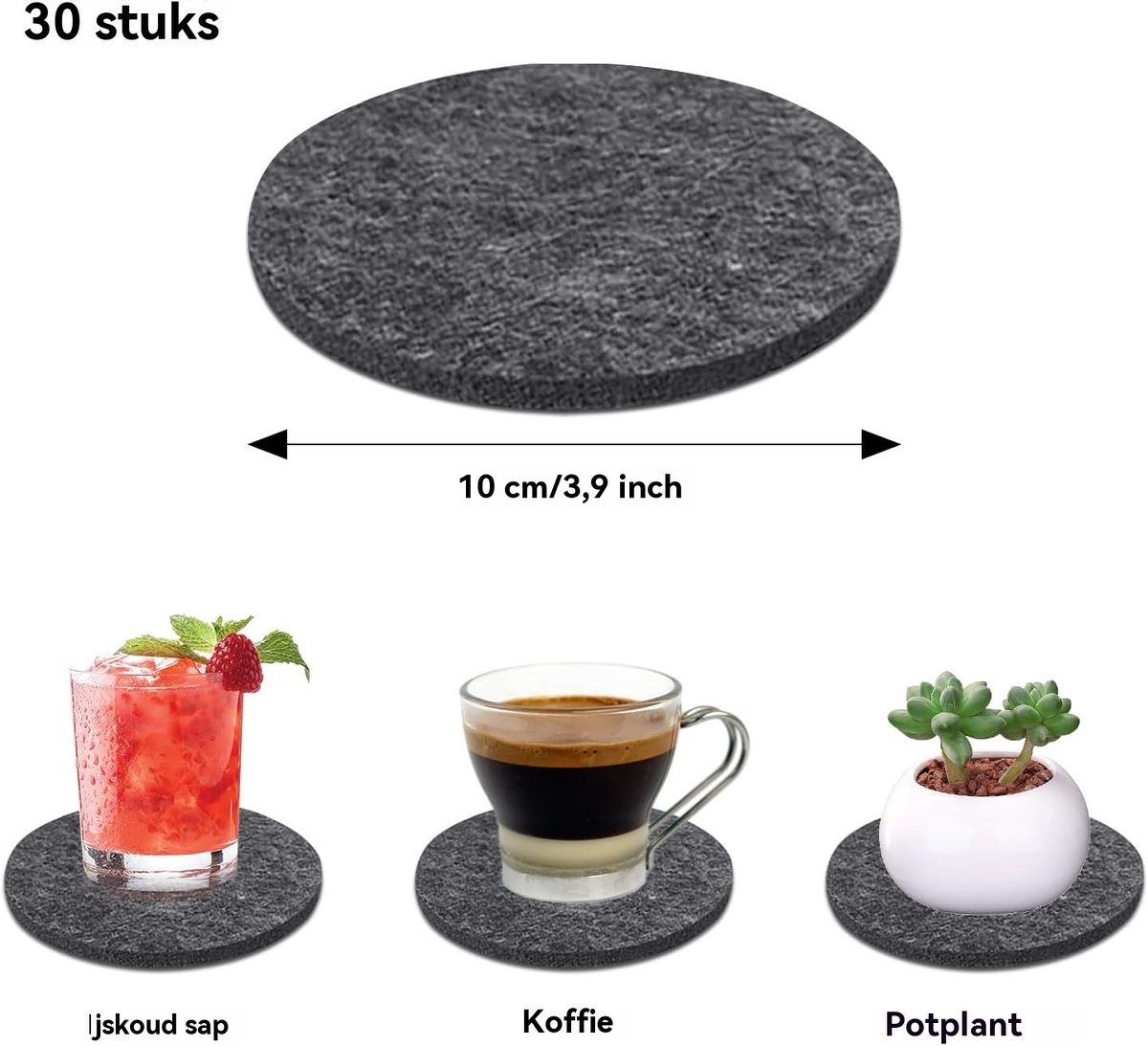 Set van 30 Ronde Vilt Onderzetters – Warmtebestendig, Antislip en Wasbaar voor Glazen, Bekers en Tafels — cadeau in Wonen & Interieur - foto 5