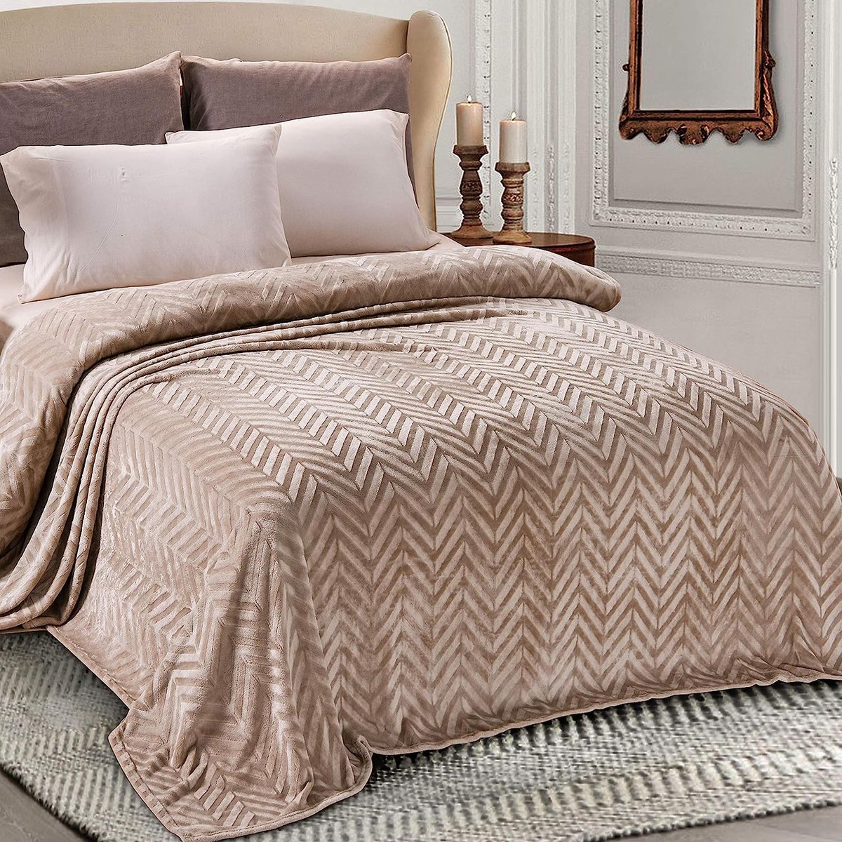 Stunq® Behaaglijke en stijlvolle chevron fleecedeken 220 x 240 cm voor ultieme warmte en comfort slaapkamer Beige deken