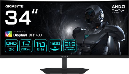 Gigabyte G34WQC2 EK 34″ Curved UltraWide Quad HD Monitor 3440×1440 1ms 200Hz HDMI DisplayPort