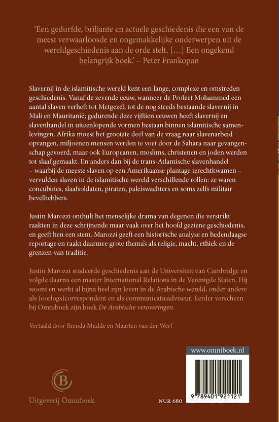 Boek "Abd" van Justin Marozzi, over slavernij en slavenhandel in de islamitische wereld. Achterflap met tekst. Omniboek.