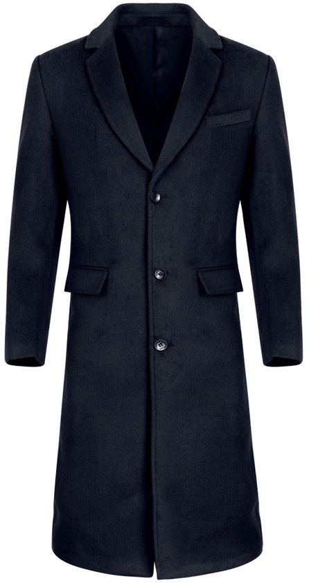 Manteau long bleu marine en laine pour homme, tombant sous le genou, avec col à revers et fermeture boutonnée.