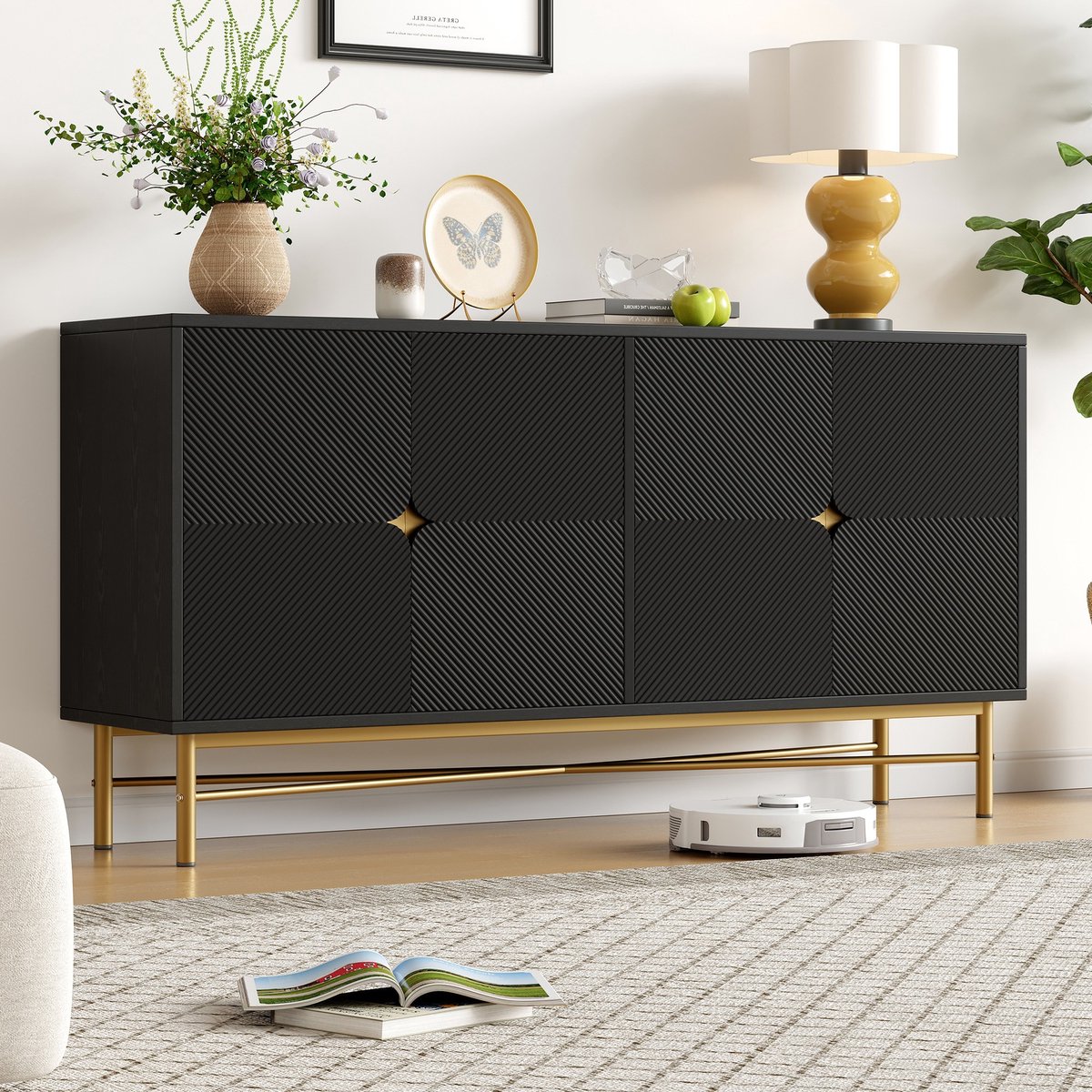 Sweiko Dressoir - Reliëfstructuur - 4 deuren - Gouden handgrepen - 160×40×82 cm - Zwart