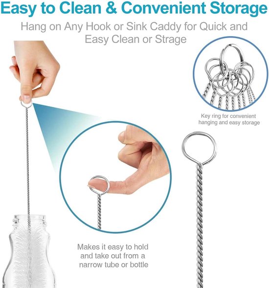 Schoonmaakborstels Voor Rietjes - 10 Stuks - 21 CM - 2-24MM - Wit - RVS en nylon - Lang rietjesborstel - Herbruikbaar - Flessenborstel - Rietjesreinigingsborstel - Voor buizen, rietjes, pijpen en moeilijk bereikbare plekken van Merkloos — afbeelding 4
