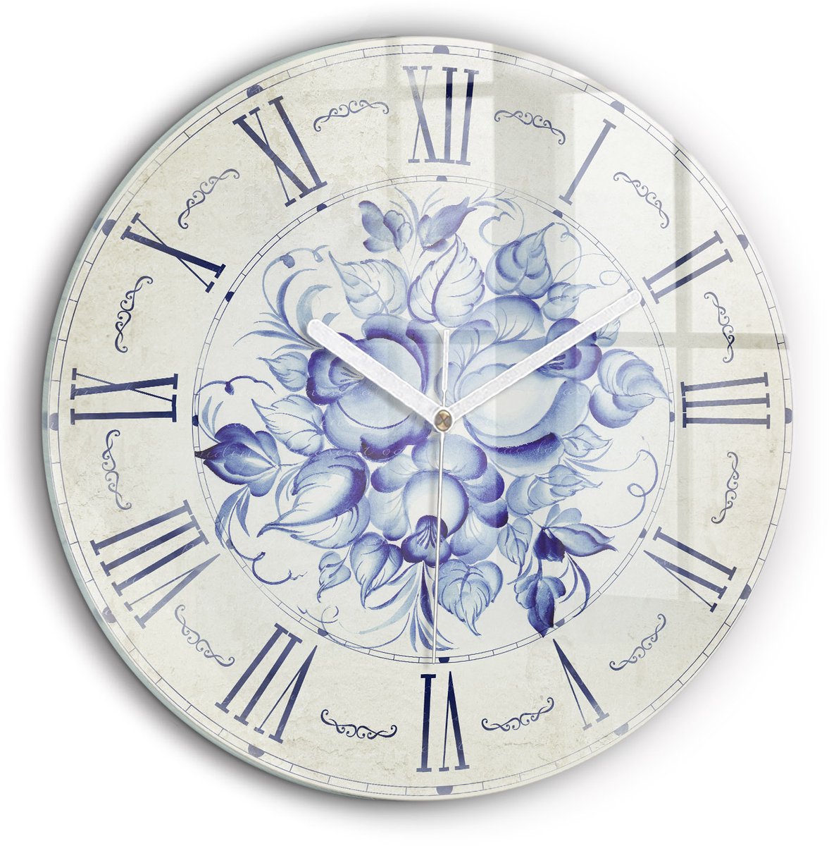 Wallfluent Wandklok - Blauwe bloemen Klok met Print - 60 cm x 60 cm - Grijs Wandklok - Witte Handen - Wandklok zonder cijfers - Stille Wandklok Slaapkamer - Klok met Print - Kunstzinnige Klok - Unieke Wandklok