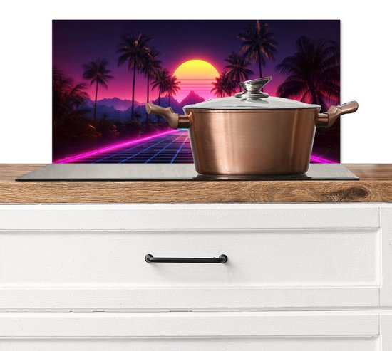 Spatscherm keuken 70x30 cm - Kookplaat achterwand Horizon - Palmbomen - Bergen - Geel - Muurbeschermer - Spatwand fornuis - Hoogwaardig aluminium