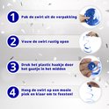 Instructies voor het ophangen van de swirls: uitpakken, openvouwen, haakje door het gaatje, ophangen.