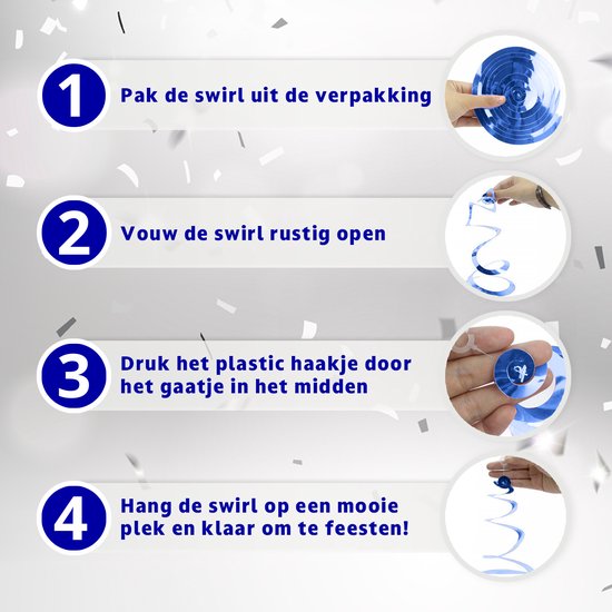 Instructies voor het ophangen van de swirls: uitpakken, openvouwen, haakje door het gaatje, ophangen.