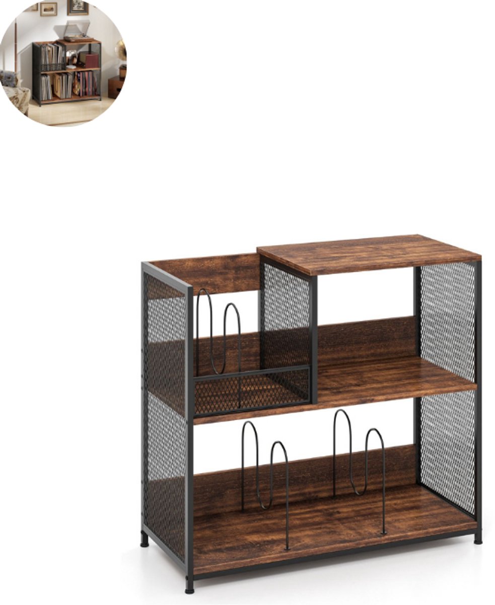 Platenspelermeubel - LP-kast - Platenspelerkast - Draaitafelstandaard - Platenspelerstandaard - Vintage Displayplank - Rustiek bruin
