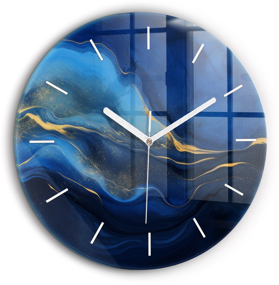 Wallfluent Wandklok - Blauwe marmer Decoratieve Wandklok - 60 cm x 60 cm - Blauw Wandklok - Witte Handen - Wandklok Zonder Cijfers - Stille Wandklok Slaapkamer - Ronde Glas Klok - Industrieel Wandklok - Stijlvolle Klok