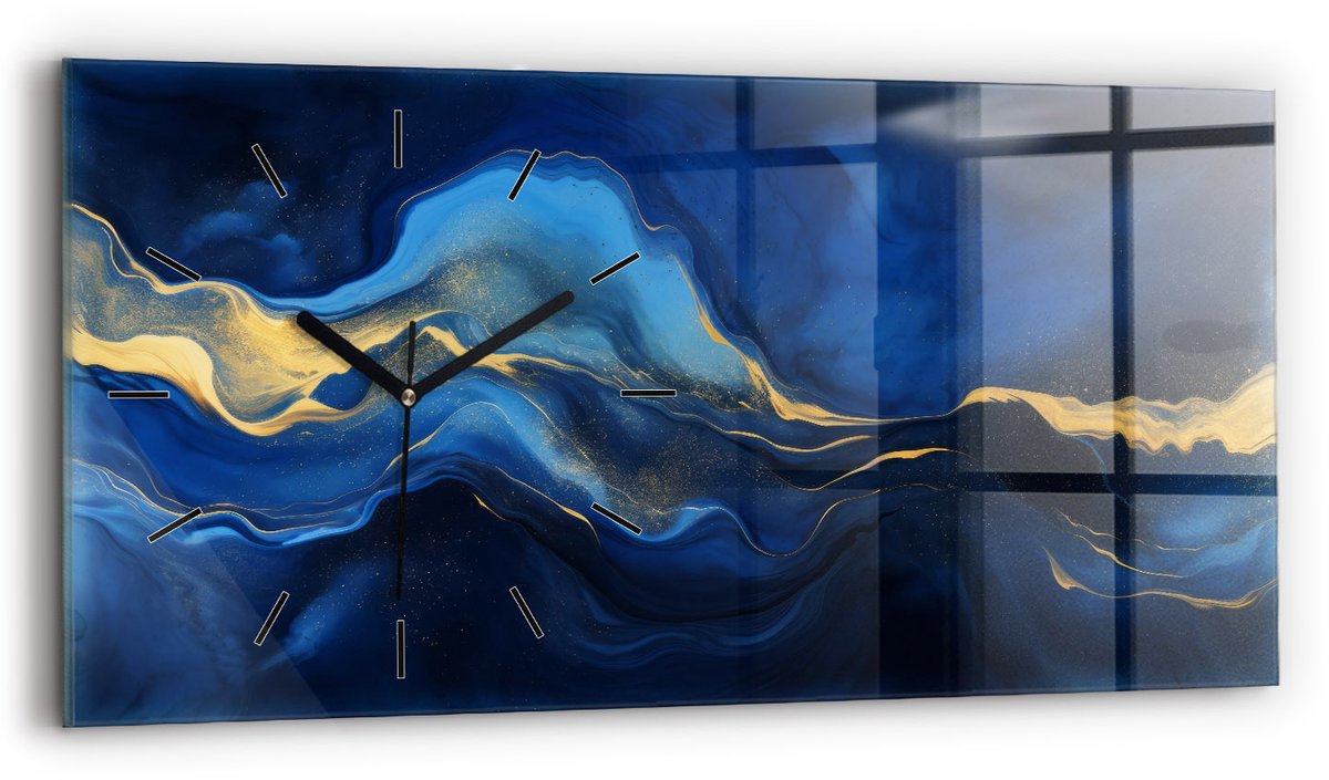 Wallfluent Wandklok - Blauwe marmer Stijlvolle Klok - 60 cm x 30 cm - Blauw Wandklok - Zwarte Handen - Wandklok Zonder Cijfers - Kinder Wandklok Glas - Rechthoekige Glas Klok - Scandinavisch Wandklok - Klok met Print