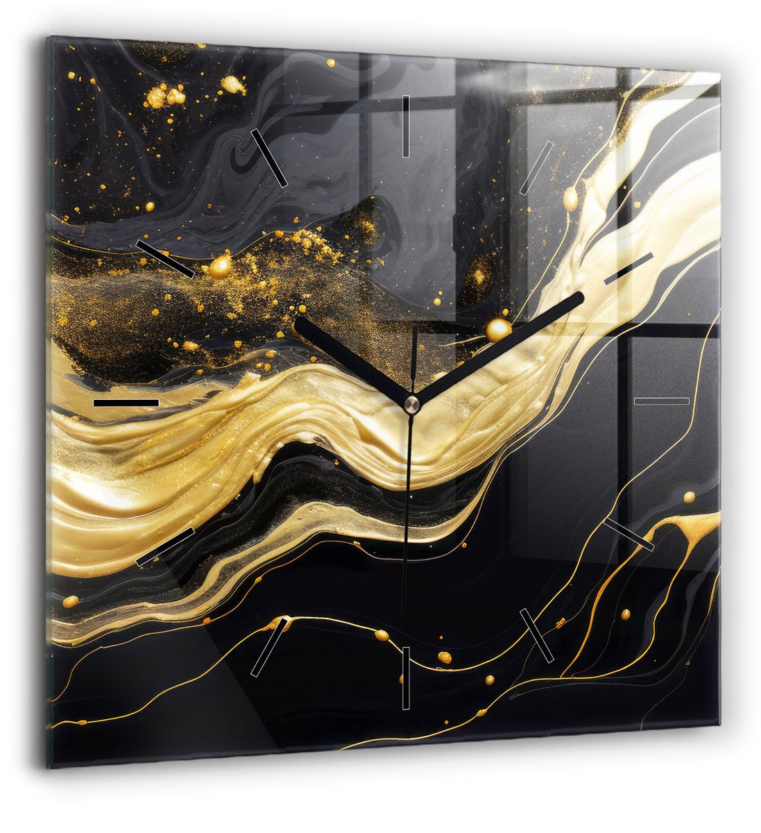 Wallfluent Wandklok - Gouden marmer Klok met Afbeelding - 60 cm x 60 cm - Gouden Wandklok - Zwarte Handen - Wandklok Zonder Cijfers - Wandklok voor in de Keuken - Vierkante Glazen Klok - Industrieel Wandklok - Unieke Wandklok