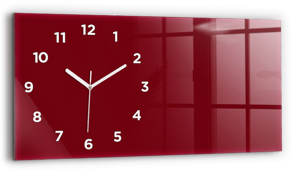 Wallfluent Wandklok - Bourgondië Rechthoekige Glazen Wandklok - 60 cm x 30 cm - Bourgondië Wandklok - Witte Handen - Wandklok Met Cijfers - Kinder Wandklok Glas - Glazen Klok Rechthoekige - Minimalistisch Wandklok - Rechthoekige Glas Klok