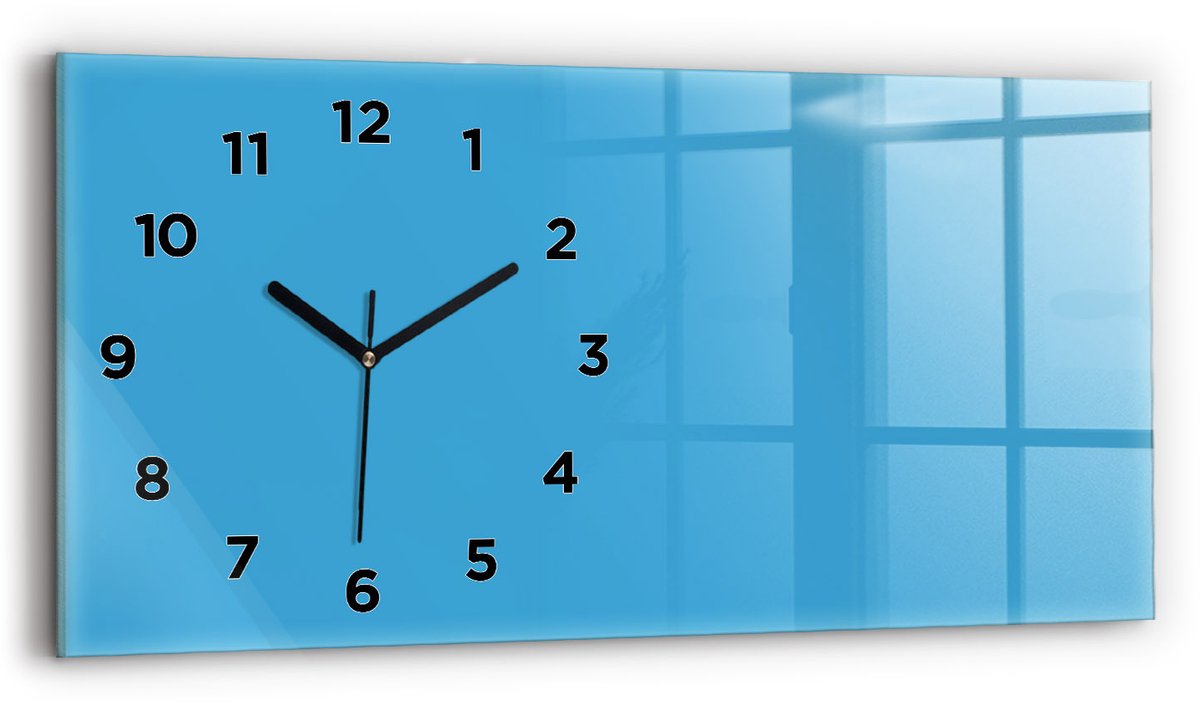 Wallfluent Wandklok - Blauw Rechthoekige Glazen Wandklok - 60 cm x 30 cm - Blauw Wandklok - Zwarte Handen - Wandklok Met Cijfers - Wandklok voor in de Keuken - Glazen Klok Rechthoekige - Minimalistisch Wandklok - Rechthoekige Glas Klok