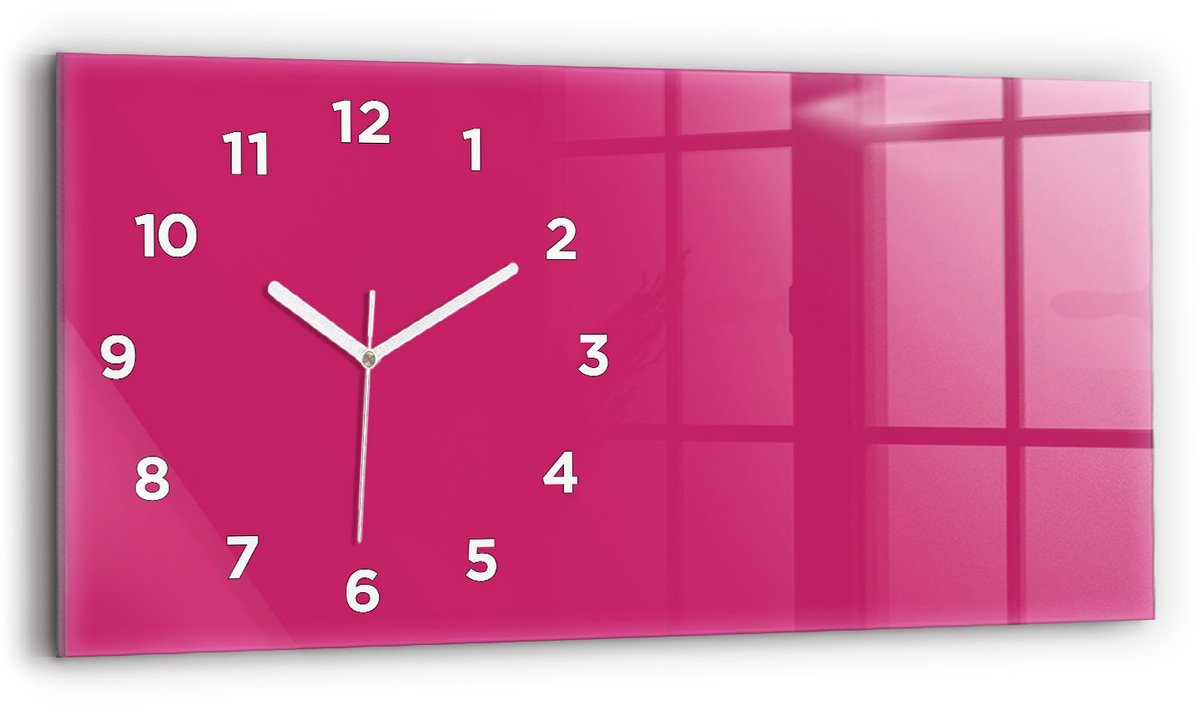 Wallfluent Wandklok - Roze Rechthoekige Glas Klok - 60 cm x 30 cm - Roze Wandklok - Witte Handen - Wandklok Met Cijfers - Wandklok Glas Woonkamer - Rechthoekige Glazen Wandklok - Scandinavisch Wandklok - Glazen Klok Rechthoekige