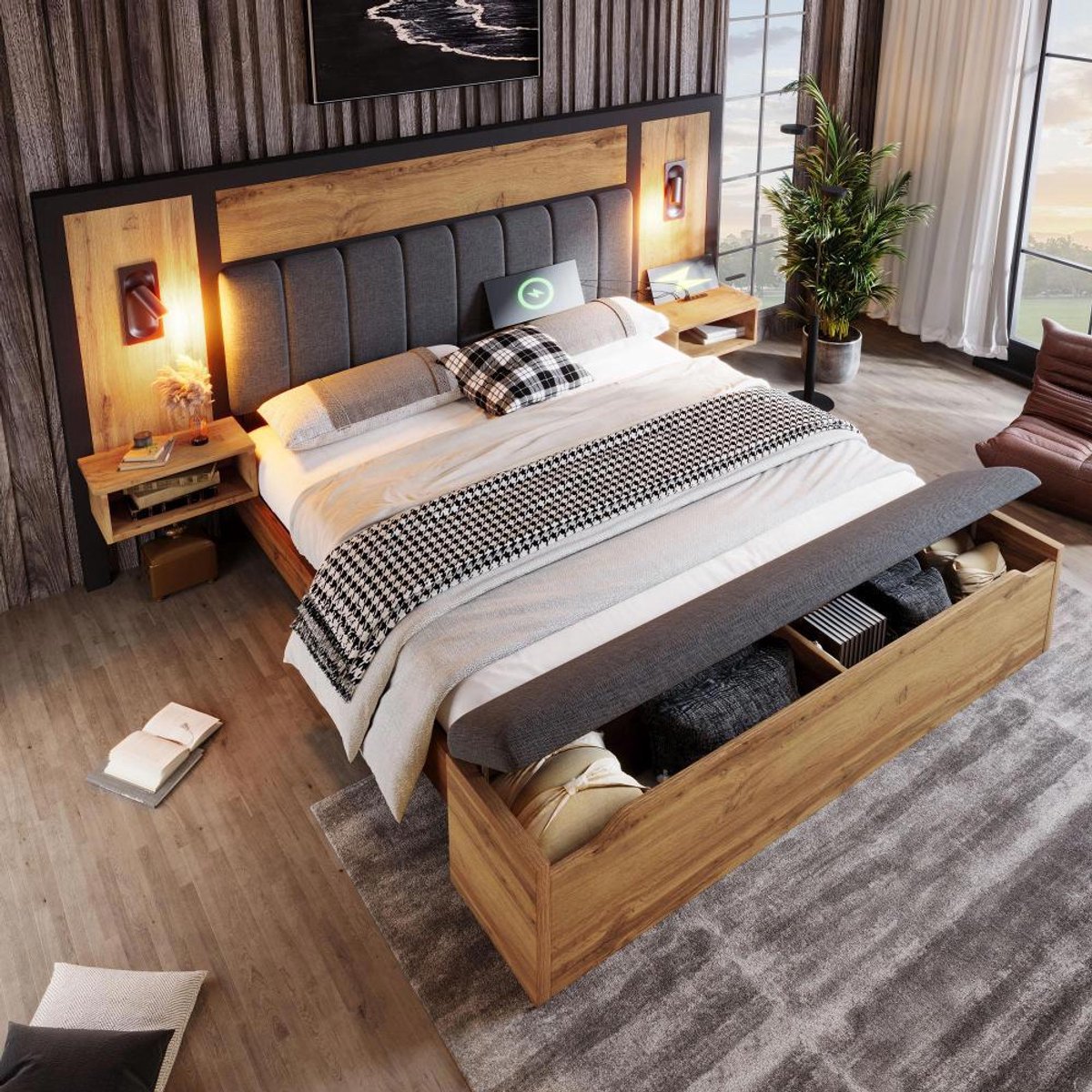 KOMHTOM BLACKCOLORS Bed 180×200 cm dubbel gestoffeerd Bedset met leeslamp, nachtkastje, USB C, opbergbank linnen Eiken