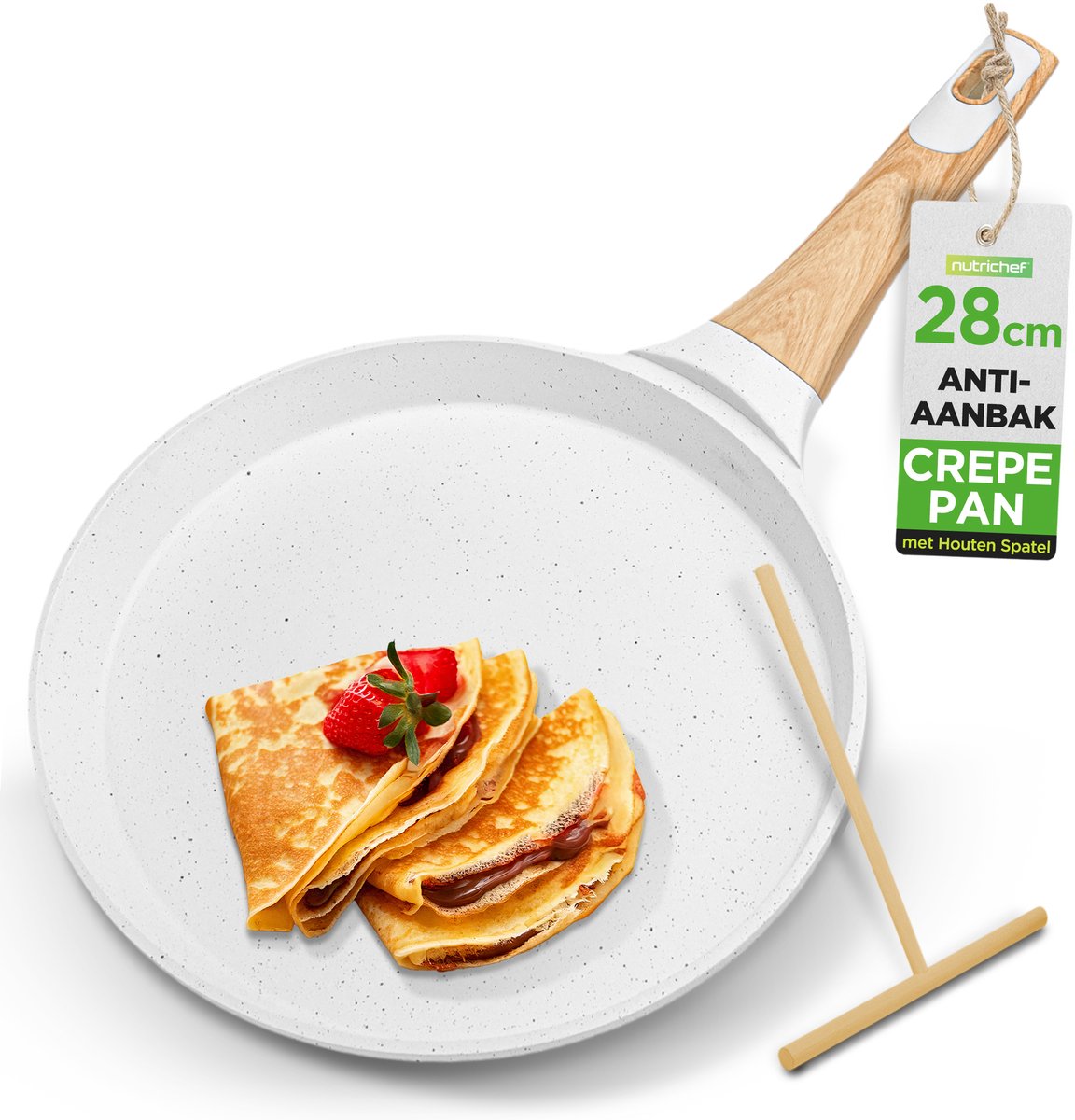 NutriChef Crêpepan 28 cm – Inductie Anti-aanbak Pannenkoekenpan - Met houten spreider - Marmeren coating