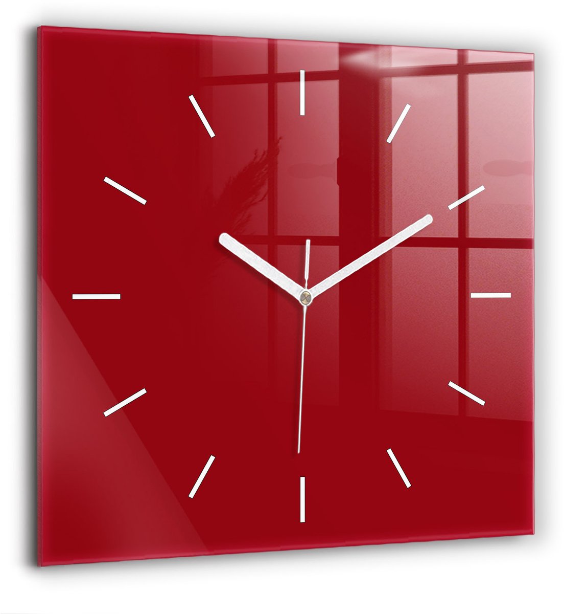 Wallfluent Wandklok - Rood Vierkante Glazen Klok - 60 cm x 60 cm - Rood Wandklok - Witte Handen - Wandklok Zonder Cijfers - Wandklok Glas Woonkamer - Vierkante Glazen Wandklok - Industrieel Wandklok - Vierkante Glas Klok