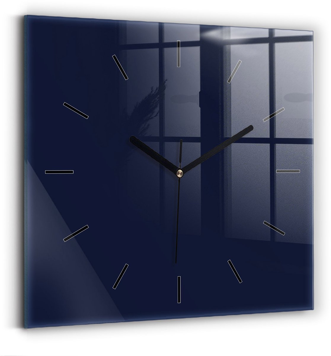 Wallfluent Wandklok - Donker marineblauw Vierkante Glazen Klok - 30 cm x 30 cm - Donker marineblauw Wandklok - Zwarte Handen - Wandklok Zonder Cijfers - Stille Wandklok Slaapkamer - Glazen Wandklok - Industrieel Wandklok - Vierkante Glas Klok