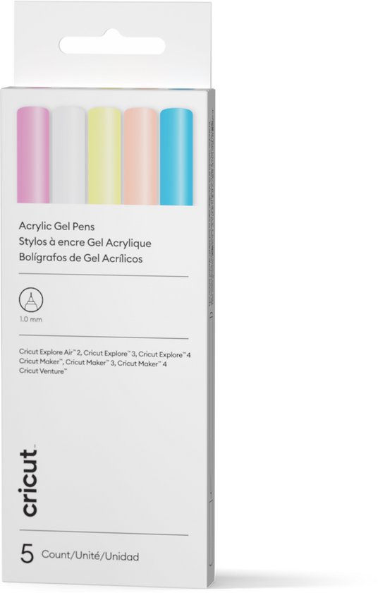 Verpakking met 5 acryl gelpennen in pastelkleuren: roze, geel, oranje, lichtblauw en wit.