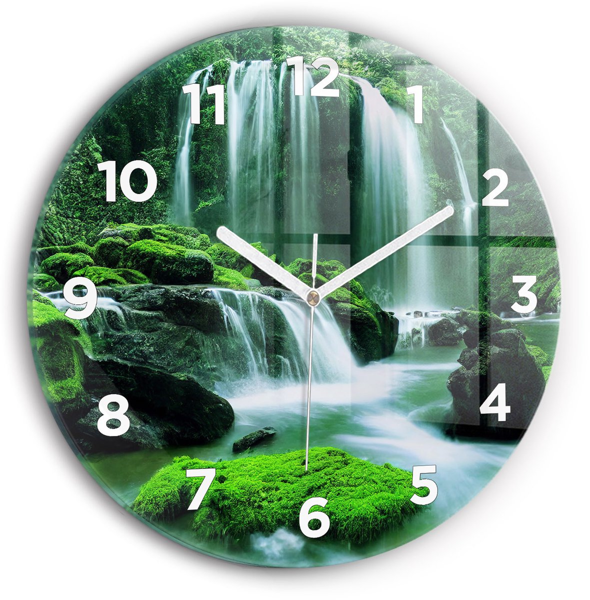 Wallfluent Wandklok - Waterval tussen het mos Decoratieve Wandklok - 30 cm x 30 cm - Groente Wandklok - Witte Handen - Wandklok Met Cijfers - Wandklok voor in de Keuken - Ronde Glazen Wandklok - Minimalistisch Wandklok - Decoratieve Wandklok