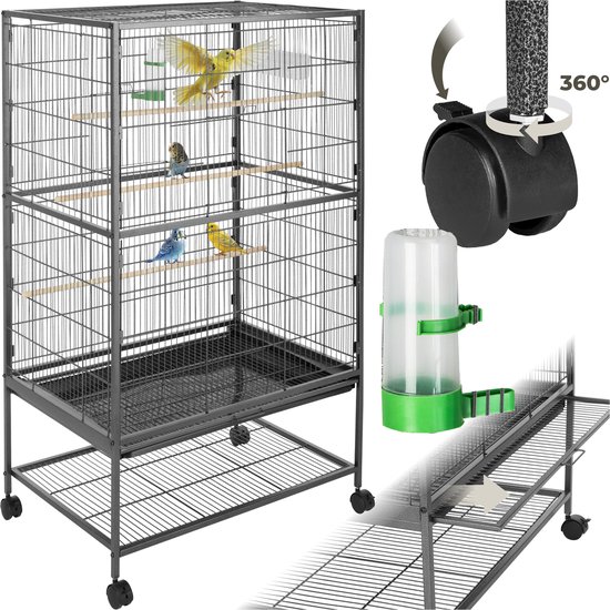 tectake® - Volière à oiseaux avec 3 perchoirs, bac à sable et roulettes, 78 x 52 x 131 cm