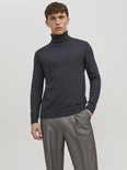 Man met donkergrijze coltrui en gestreepte broek.