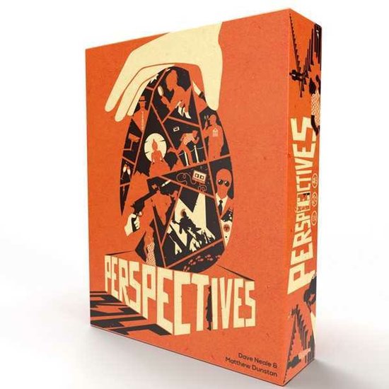 Oranje speldoos met 'PERSPECTIVES' in beige letters, een ei-vormig icoon met zwarte silhouetten en een hand.