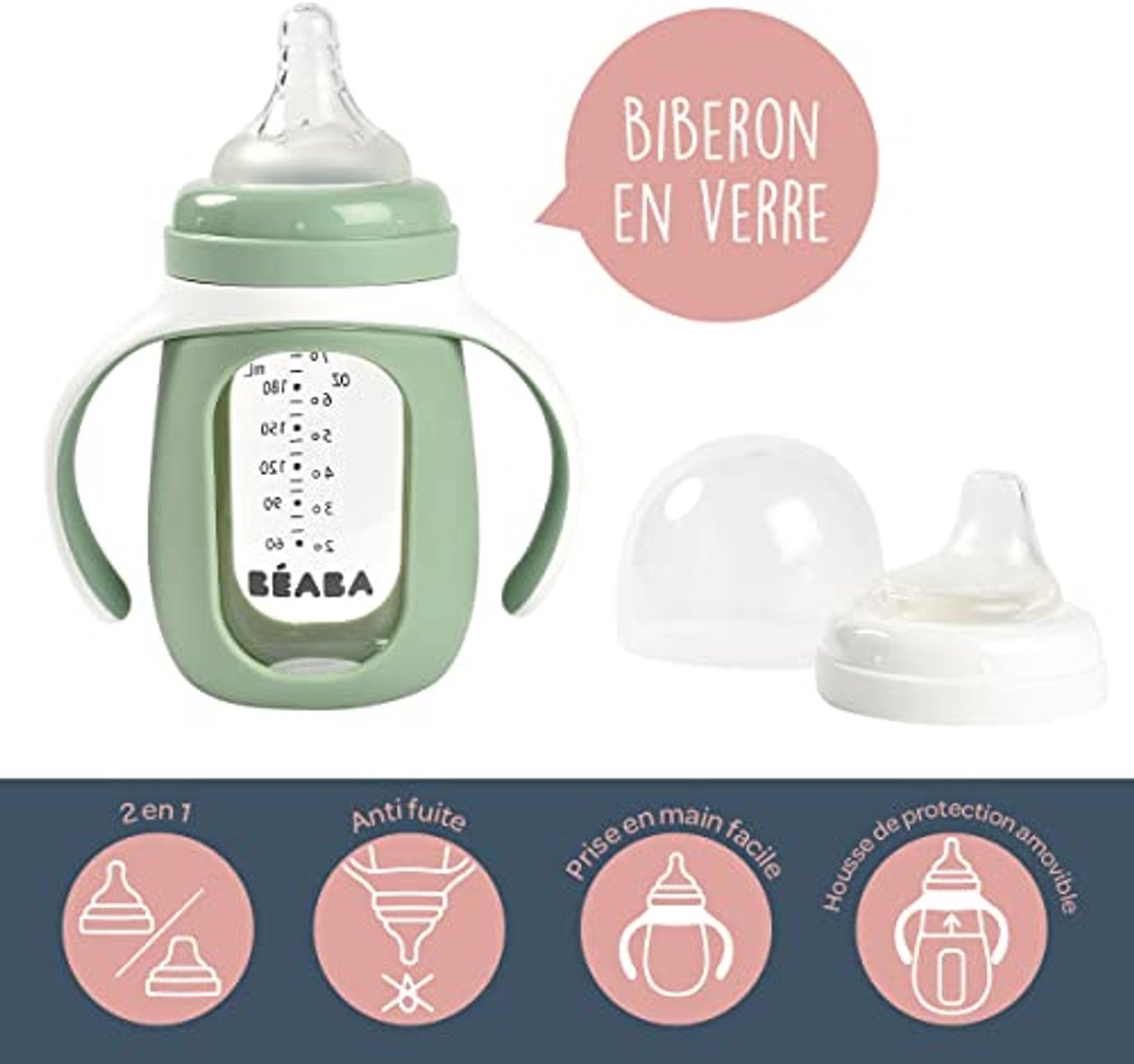 Image of 2-in-1 drinkbeker en fles van glas met siliconen hoes en handgrepen - 100% waterdicht, 210 ml, saliegroen