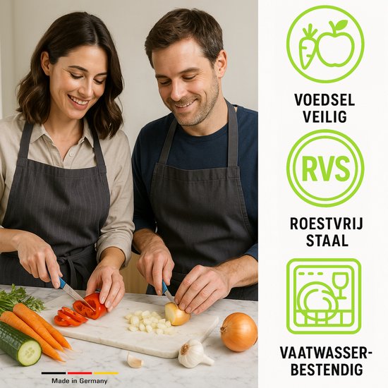Man en vrouw snijden groenten in een keuken. Iconen: voedselveilig, RVS, vaatwasserbestendig.