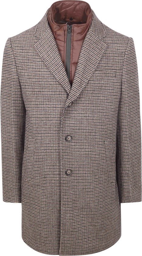 Heren jas met bruin-witte houndstooth-ruit en bruine gewatteerde voering.