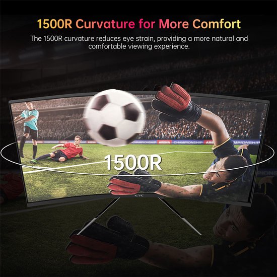 Twee gebogen KTC monitoren tonen een voetbalwedstrijd. Een witte cirkel benadrukt de 1500R kromming. Links "1500R Curvature for More Comfort".