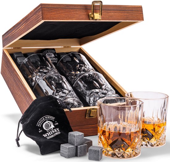 WOMA Luxe Whiskey Set Incl. 4 Tumbler Glazen, 8 Basalt Whiskey Stenen, Fluwelen Opbergzakje & Luxe Houten Opbergbox - 300 ml whiskey glazen - Geschenkset Mannen - Mannen Cadeau