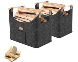 2-delige brandhoutmand - Houten mand voor haardhout - Duurzaam en veelzijdig - Tot 40 kg - 50 x 32 x 40 cm - Donkergrijs