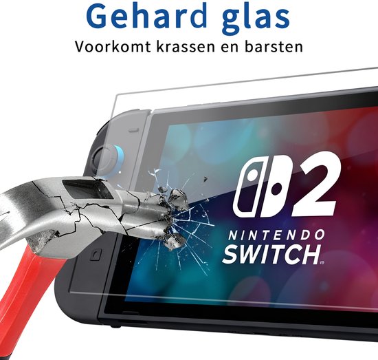 Nintendo Switch scherm wordt geraakt door een hamer, de screenprotector barst. "Gehard glas Voorkomt krassen en barsten".