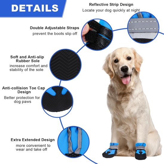 Hondenschoenen - 4 stuks - Hondenschoenen pootbeschermer - Waterdichte hondenlaarzen - Reflecterende strips - Antislip hondenlaarzen - Geschikt voor kleine, middelgrote en grote honden - Blauw - Maat XL