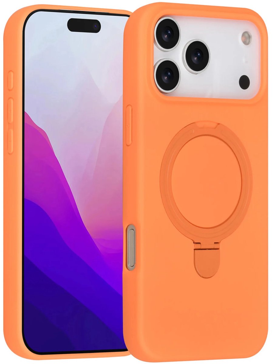 Backcover Hoesje Geschikt voor: iPhone 17 Pro Volledig Dekkende Schokbestendige Siliconen Backcover met Ringstandaard – 360° Bescherming - Tangerine Orange